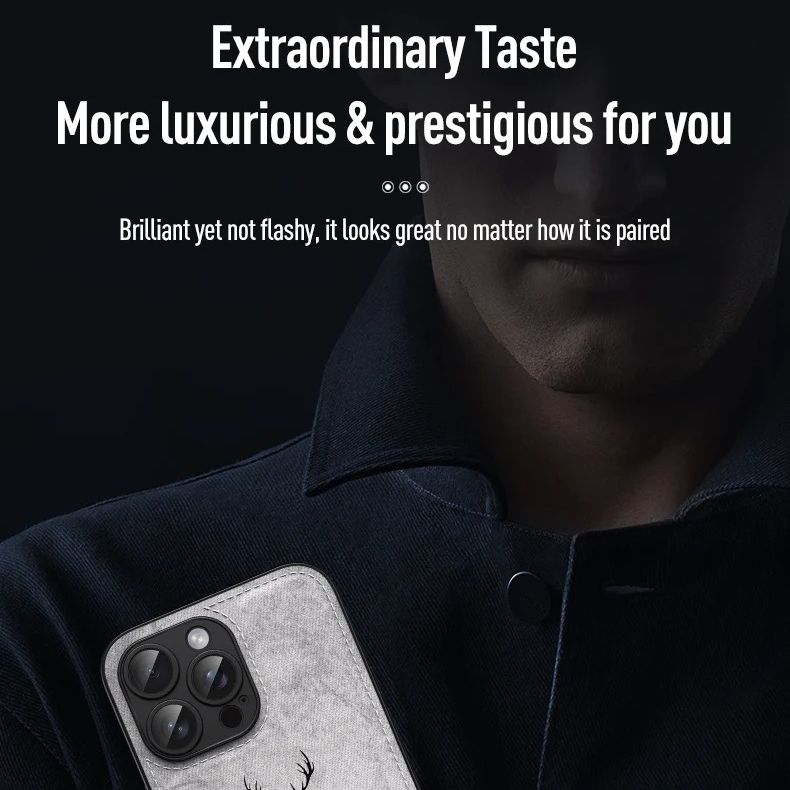 Luxury iPhone Case — Cloth Leather Deer Head Pattern Cover with Shockproof Soft Full-Coverage Protection, Anti-Fingerprint Matte Non-Slip Design