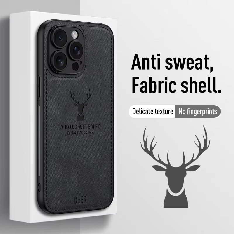Luxury iPhone Case — Cloth Leather Deer Head Pattern Cover with Shockproof Soft Full-Coverage Protection, Anti-Fingerprint Matte Non-Slip Design