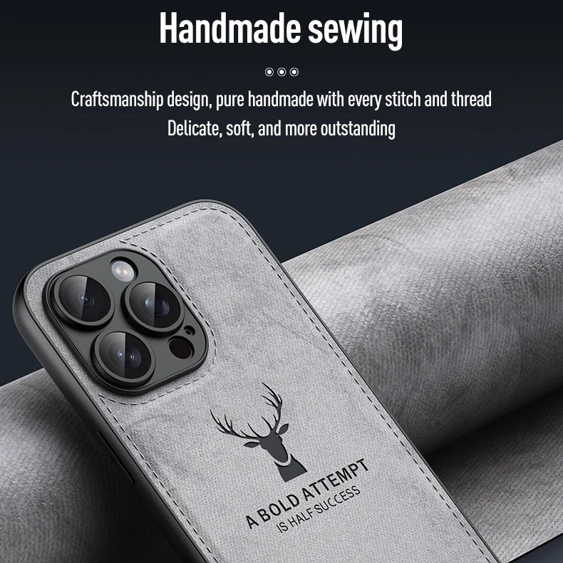 Luxury iPhone Case — Cloth Leather Deer Head Pattern Cover with Shockproof Soft Full-Coverage Protection, Anti-Fingerprint Matte Non-Slip Design