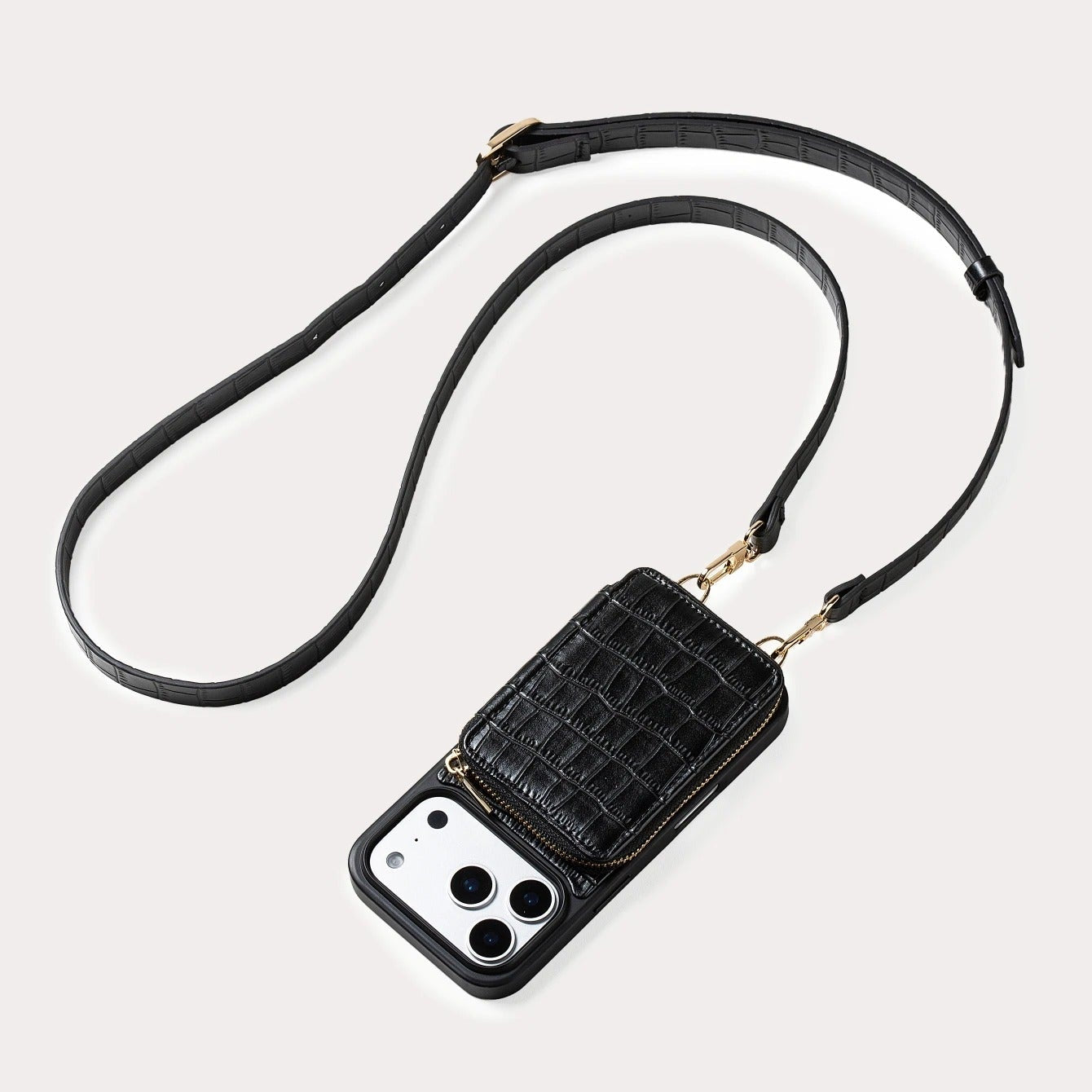 Luxury iPhone Case — Crocodile-Pattern Crossbody Wallet Cover with Lanyard, Soft Anti-Fingerprint Leather and Card Storage Design