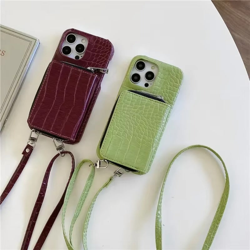 Luxury iPhone Case — Crossbody Crocodile Skin Zipper Wallet Cover with Card Holder, Lanyard Strap, Anti-Fingerprint Anti-Scratch Protection & Elegant Textured Design