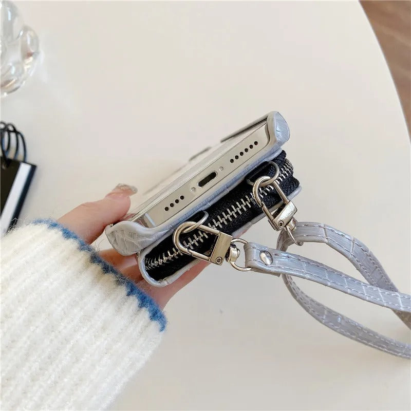 Luxury iPhone Case — Crossbody Crocodile Skin Zipper Wallet Cover with Card Holder, Lanyard Strap, Anti-Fingerprint Anti-Scratch Protection & Elegant Textured Design