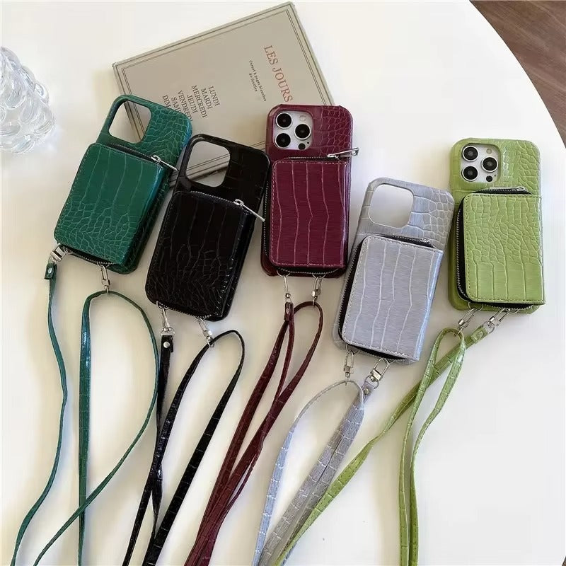 Luxury iPhone Case — Crossbody Crocodile Skin Zipper Wallet Cover with Card Holder, Lanyard Strap, Anti-Fingerprint Anti-Scratch Protection & Elegant Textured Design