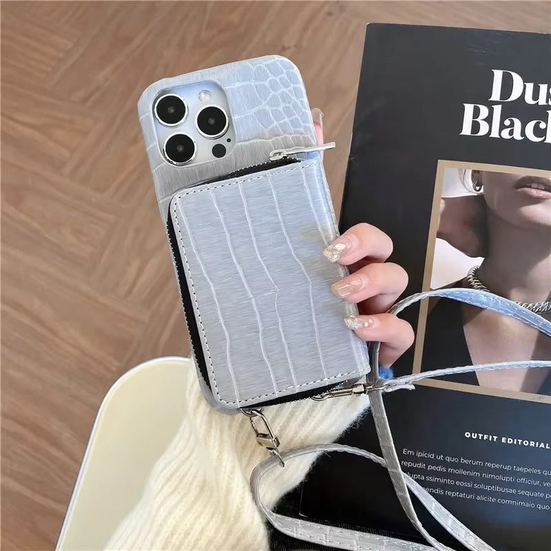 Luxury iPhone Case — Crossbody Crocodile Skin Zipper Wallet Cover with Card Holder, Lanyard Strap, Anti-Fingerprint Anti-Scratch Protection & Elegant Textured Design
