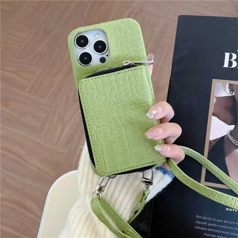 Luxury iPhone Case — Crossbody Crocodile Skin Zipper Wallet Cover with Card Holder, Lanyard Strap, Anti-Fingerprint Anti-Scratch Protection & Elegant Textured Design