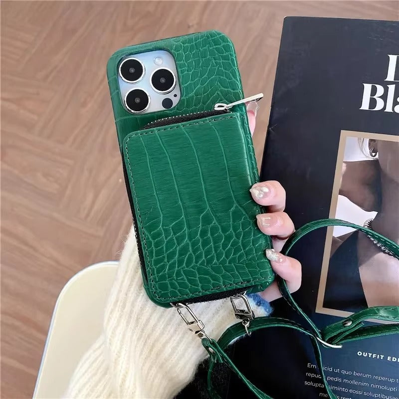 Luxury iPhone Case — Crossbody Crocodile Skin Zipper Wallet Cover with Card Holder, Lanyard Strap, Anti-Fingerprint Anti-Scratch Protection & Elegant Textured Design