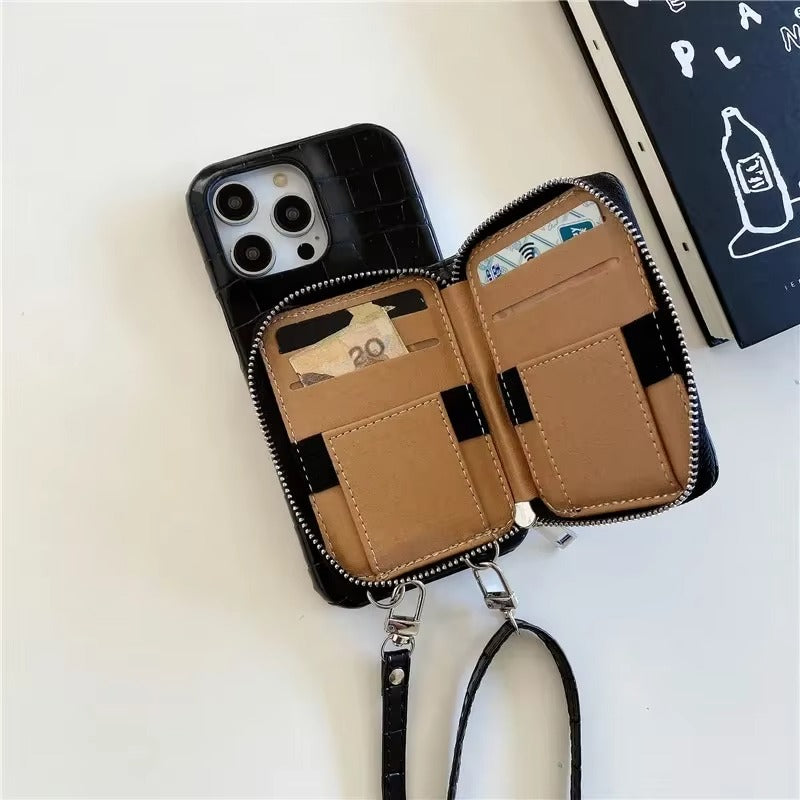 Luxury iPhone Case — Crossbody Crocodile Skin Zipper Wallet Cover with Card Holder, Lanyard Strap, Anti-Fingerprint Anti-Scratch Protection & Elegant Textured Design