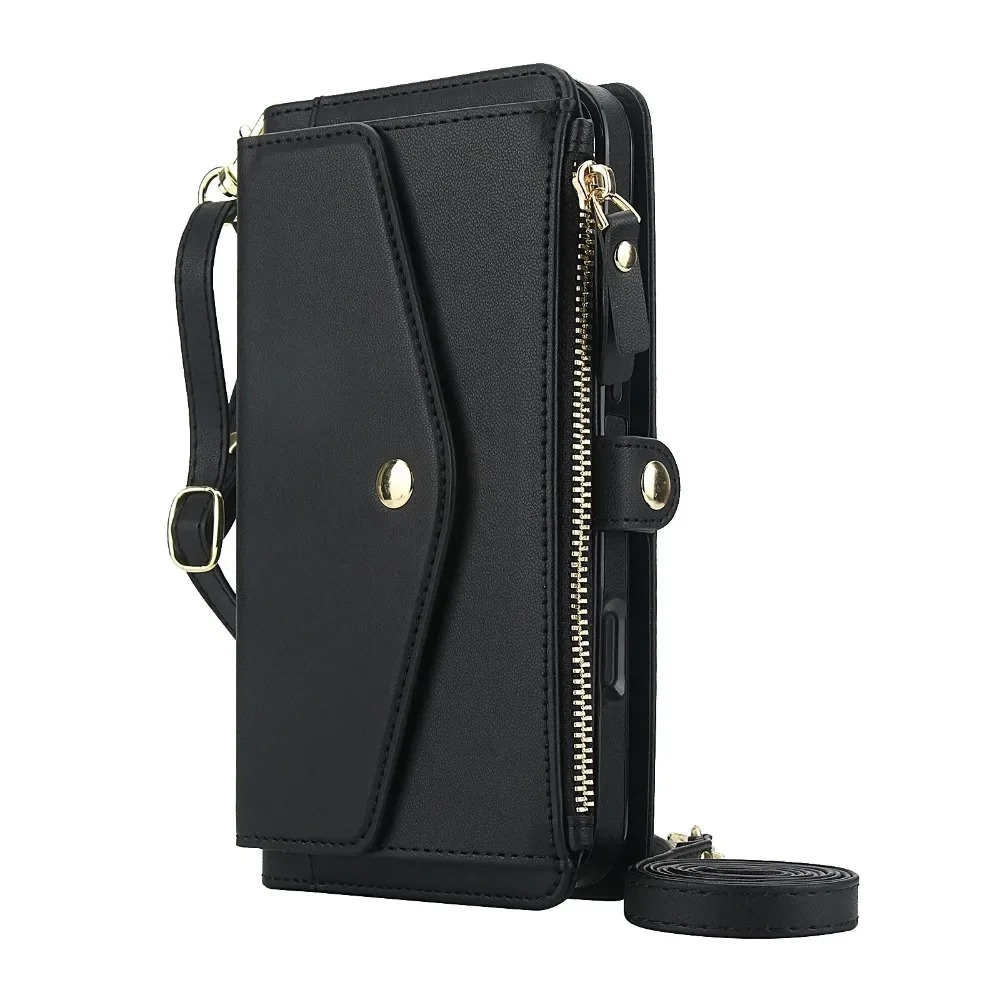 Luxury iPhone Case — Crossbody Detachable Magnetic Wallet Cover with Lanyard, Holder Feature and Anti-Fingerprint PU Leather Design