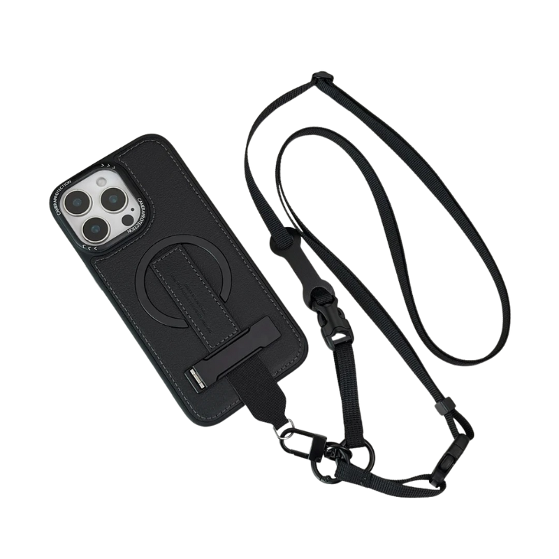 Luxury iPhone Case — Crossbody Leather Magnetic Cover with Wrist Strap Rope Holder, Shockproof Bracket Design and Anti-Fingerprint Protection
