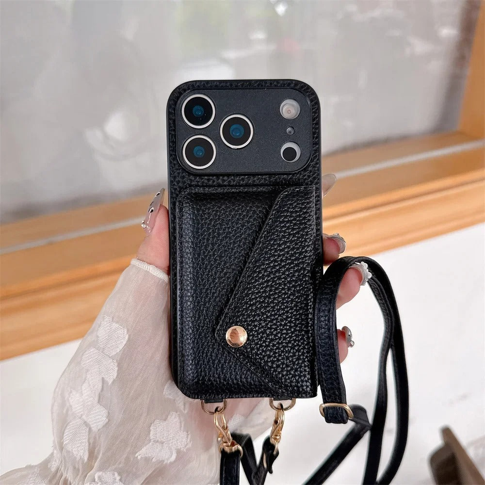 Luxury iPhone Case — Crossbody Leather Wallet Cover with Card Holder, Protective Anti-Scratch Design and Adjustable Lanyard Strap