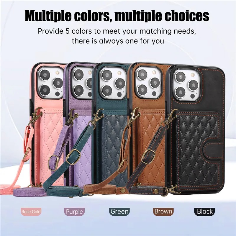 Luxury iPhone Case — Crossbody Leather Wallet Cover with Card Slots, Lanyard, Flip Stand, Magnetic Shockproof Anti-Fingerprint Full-Protection Design