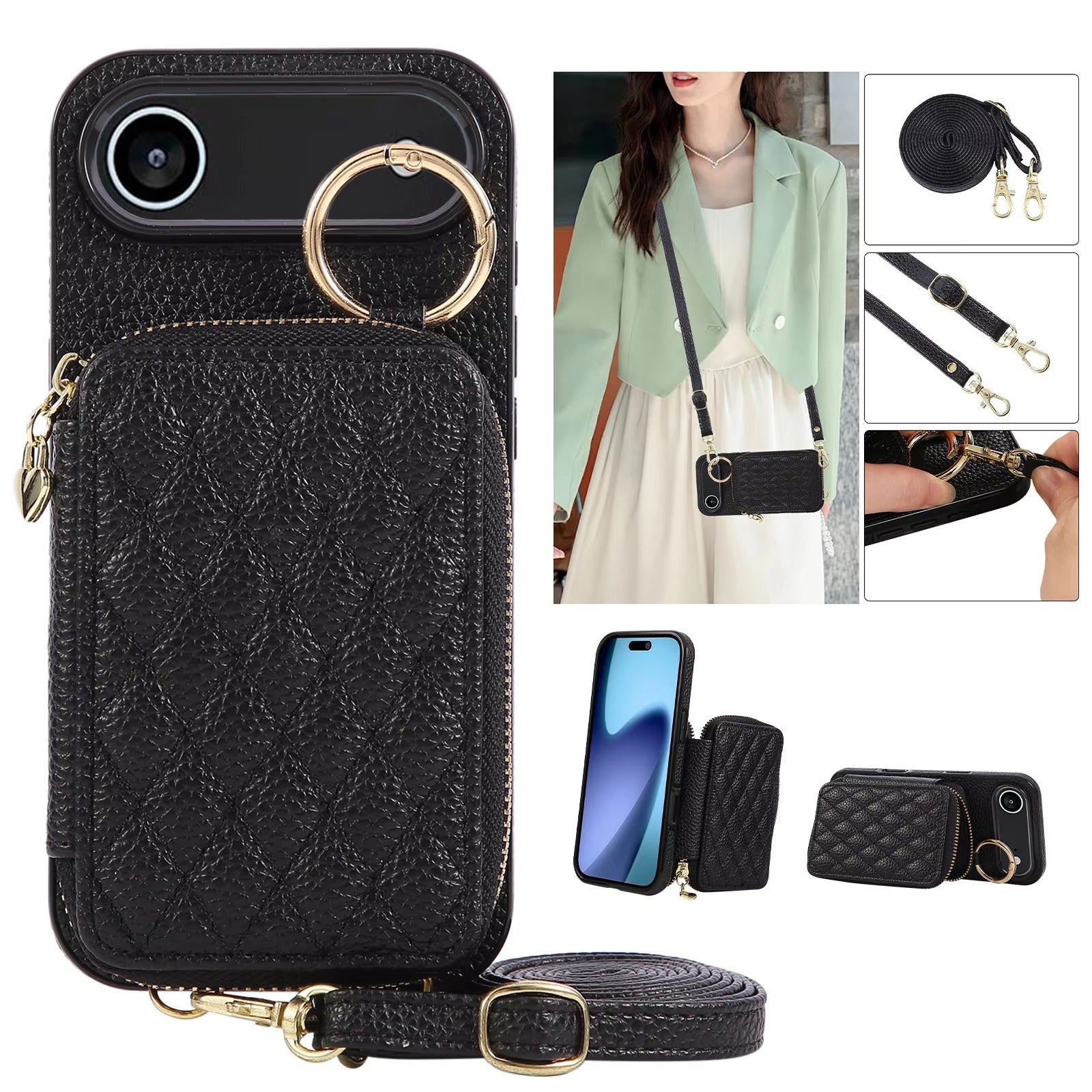 Luxury iPhone Case — Crossbody Leather Wallet Cover with Zipper Card Bag, Lanyard Strap and Grid-Pattern Ring Holder Design