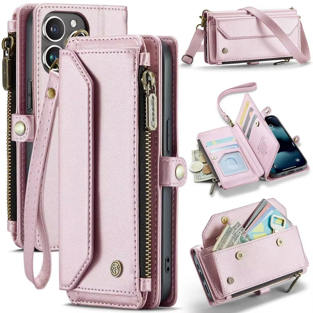 Luxury iPhone Case — RFID-Blocking PU Leather Wallet Cover with 7-Card Holder, Zipper Bill Compartment and Wristlet Shoulder Strap Design