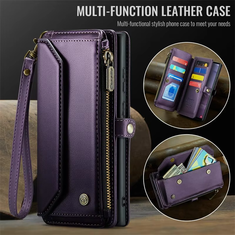 Luxury iPhone Case — RFID-Blocking PU Leather Wallet Cover with 7-Card Holder, Zipper Bill Compartment and Wristlet Shoulder Strap Design