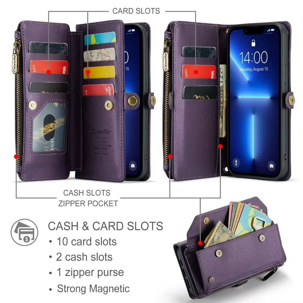 Luxury iPhone Case — RFID-Blocking PU Leather Wallet Cover with 7-Card Holder, Zipper Bill Compartment and Wristlet Shoulder Strap Design