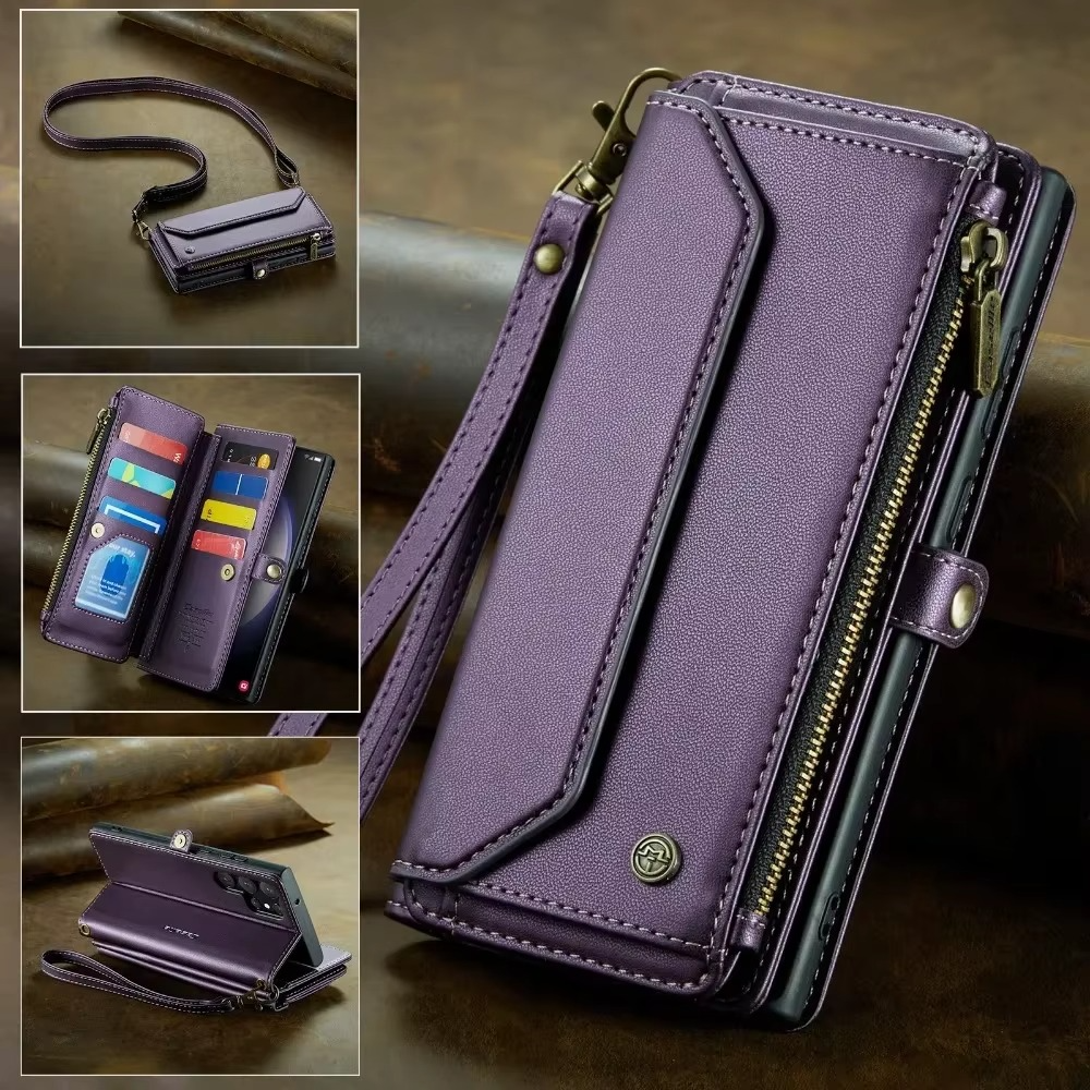 Luxury iPhone Case — RFID-Blocking PU Leather Wallet Cover with 7-Card Holder, Zipper Bill Compartment and Wristlet Shoulder Strap Design