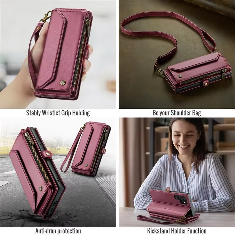 Luxury iPhone Case — RFID-Blocking PU Leather Wallet Cover with 7-Card Holder, Zipper Bill Compartment and Wristlet Shoulder Strap Design
