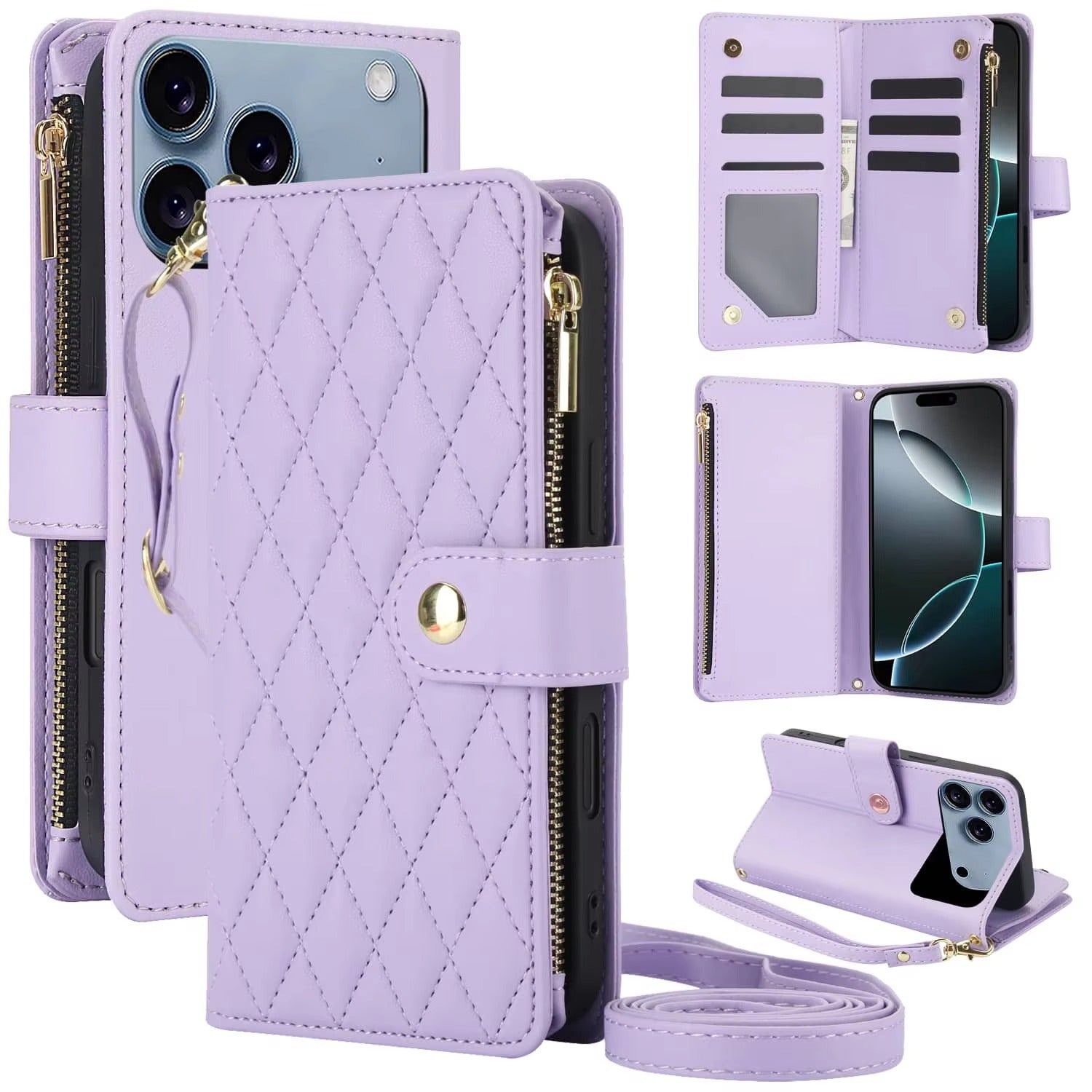 Luxury iPhone Case — Crossbody Zipper Wallet Flip Folio Cover with Card Holder, Kickstand, Anti-Fingerprint Shockproof PU Leather Protection