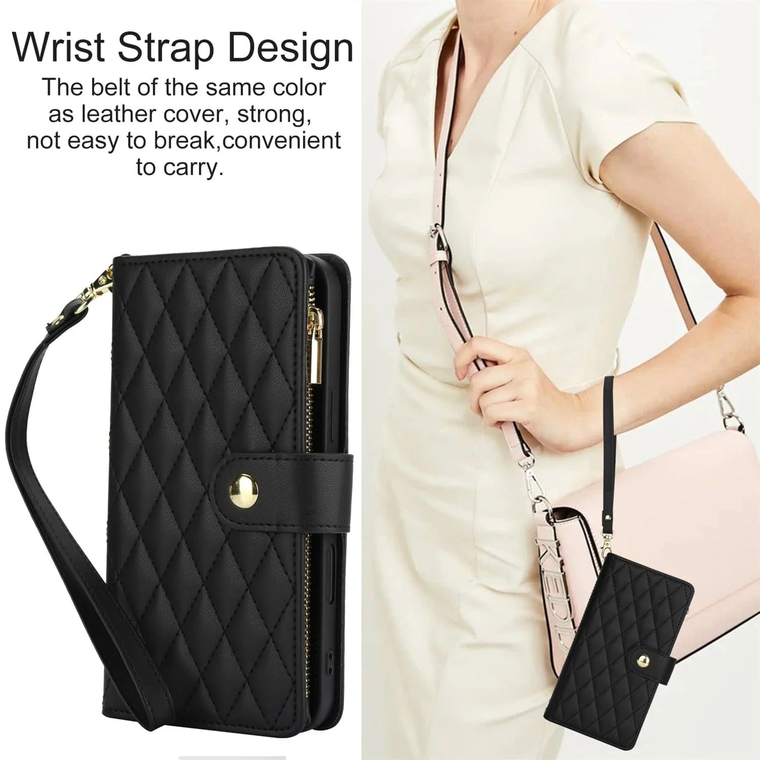 Luxury iPhone Case — Crossbody Zipper Wallet Flip Folio Cover with Card Holder, Kickstand, Anti-Fingerprint Shockproof PU Leather Protection