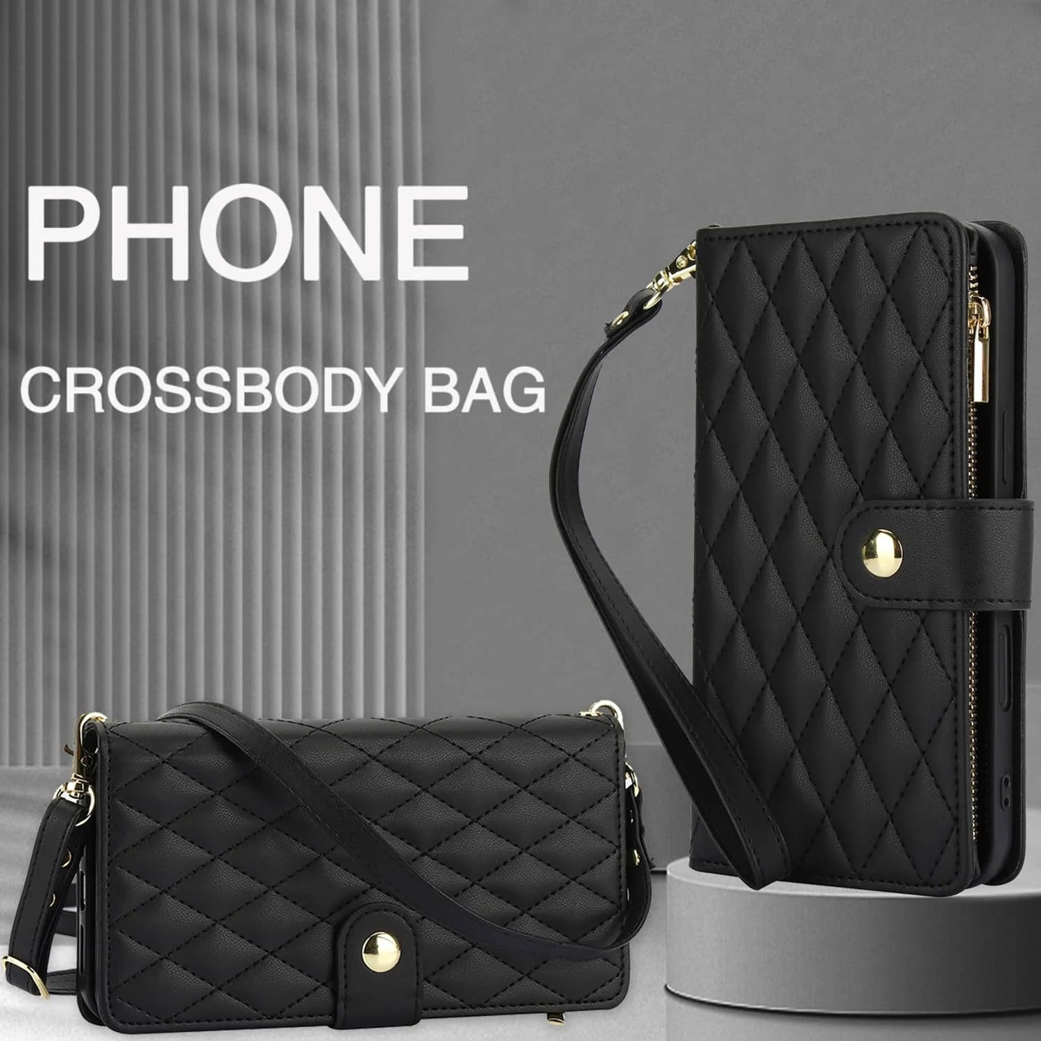 Luxury iPhone Case — Crossbody Zipper Wallet Flip Folio Cover with Card Holder, Kickstand, Anti-Fingerprint Shockproof PU Leather Protection