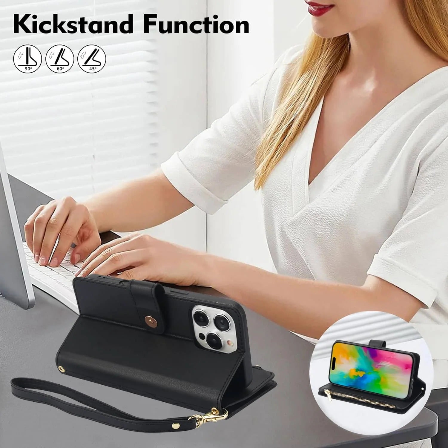 Luxury iPhone Case — Crossbody Zipper Wallet Flip Folio Cover with Card Holder, Kickstand, Anti-Fingerprint Shockproof PU Leather Protection