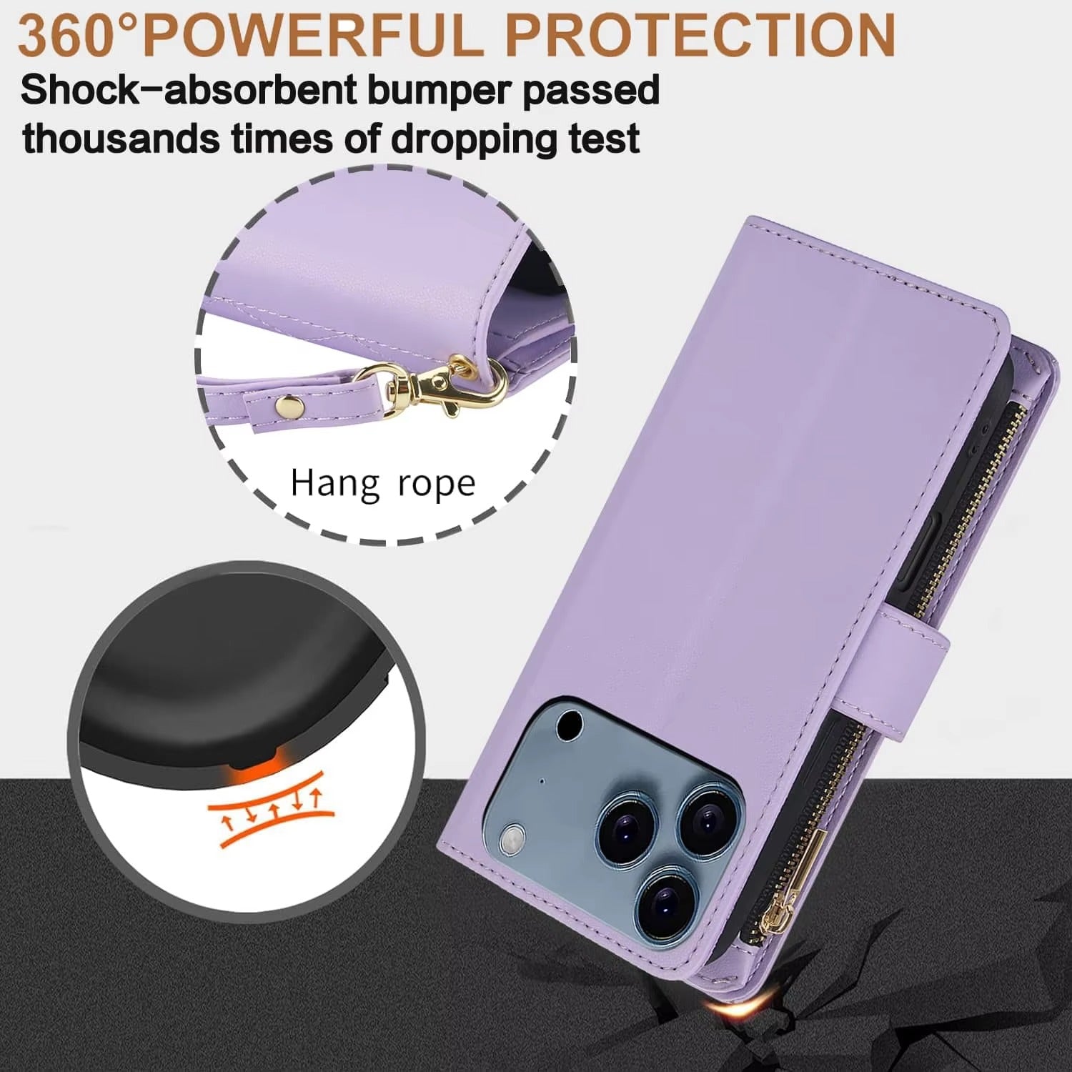 Luxury iPhone Case — Crossbody Zipper Wallet Flip Folio Cover with Card Holder, Kickstand, Anti-Fingerprint Shockproof PU Leather Protection