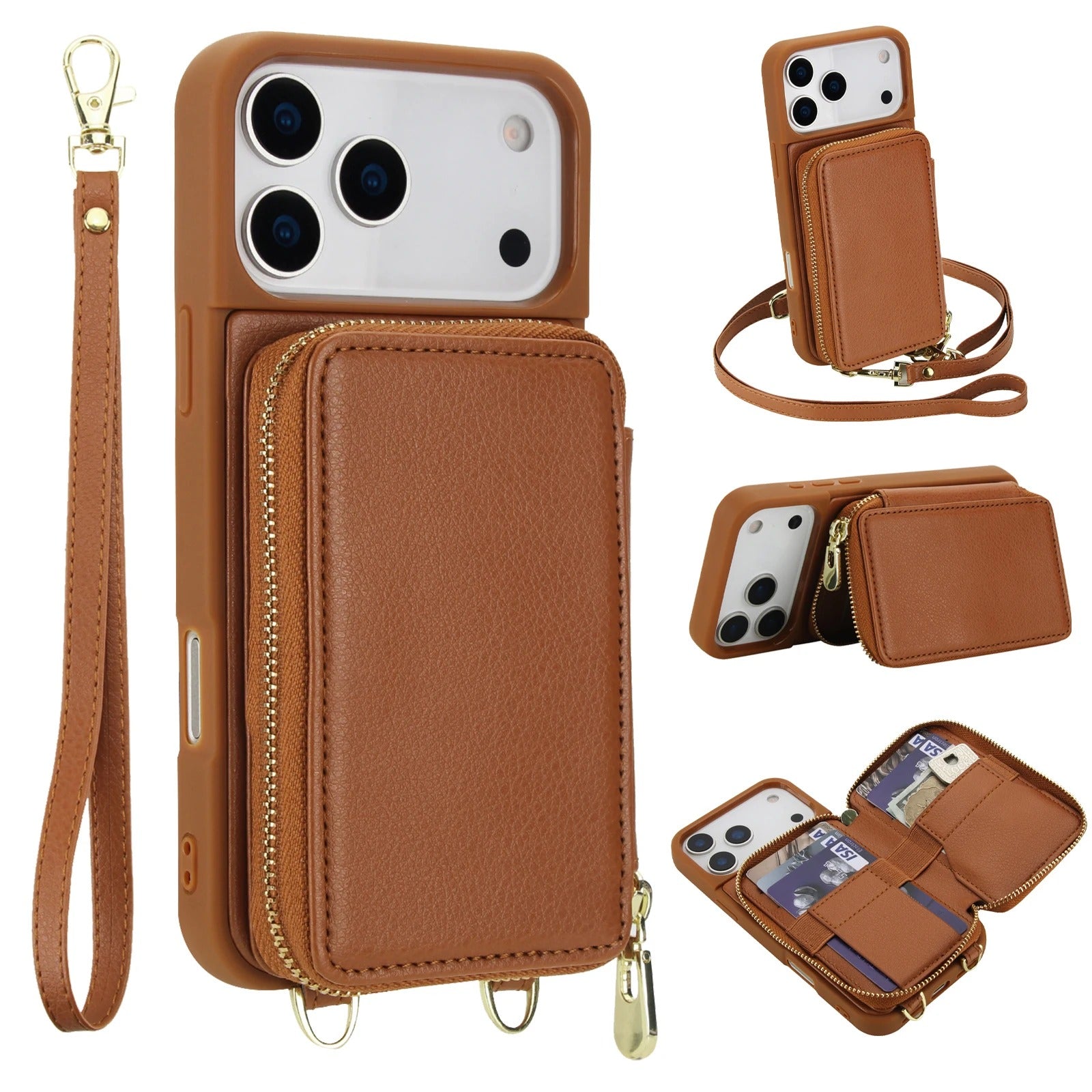 Luxury iPhone Case — Crossbody Zipper Wallet Flip Leather Cover with Card Slot, RFID Pocket and Secure Shoulder Strap Design