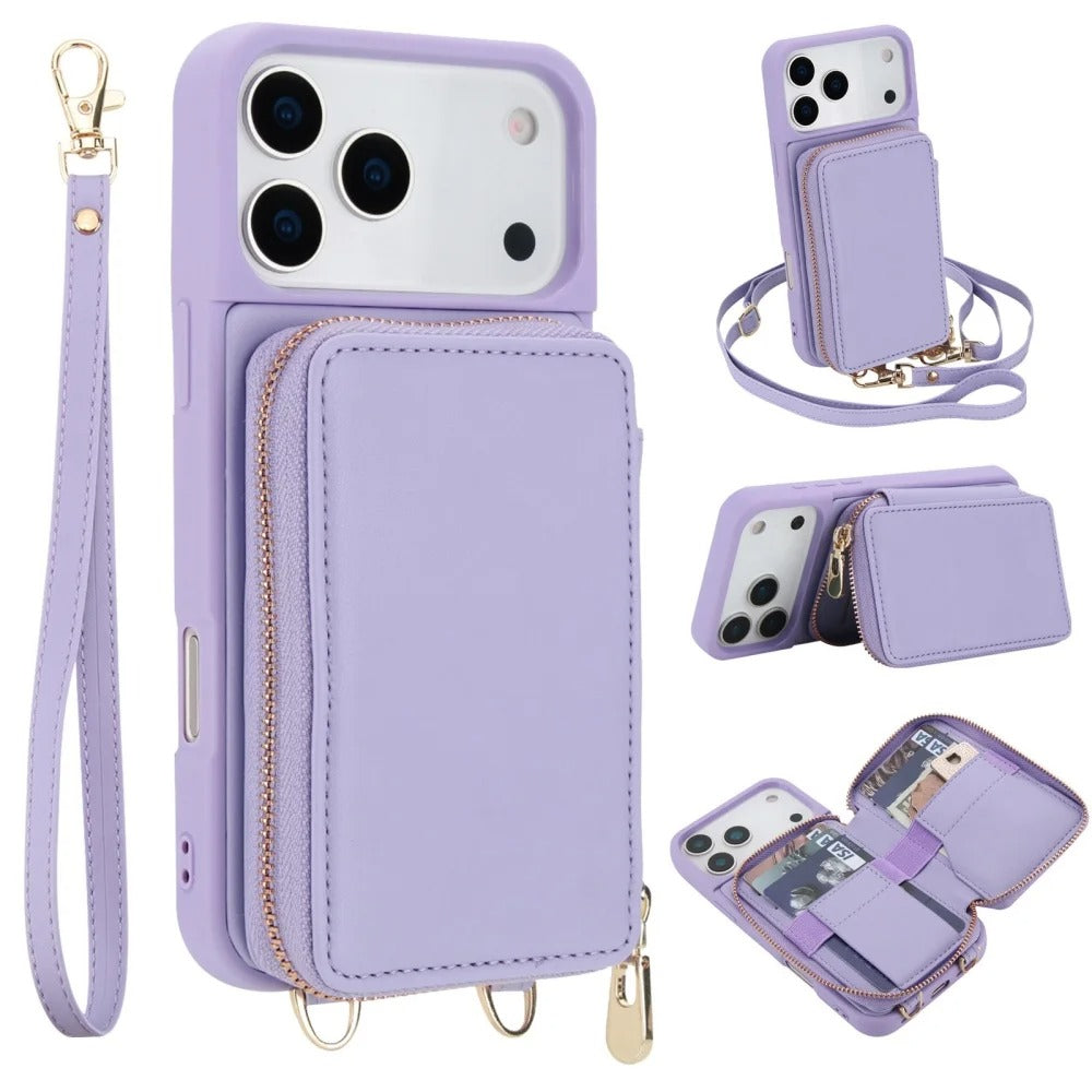 Luxury iPhone Case — Crossbody Zipper Wallet Flip Leather Cover with Card Slot, RFID Pocket and Secure Shoulder Strap Design