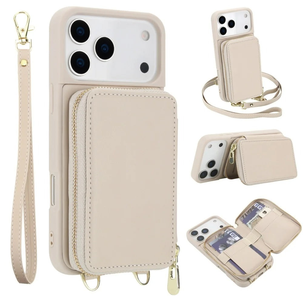 Luxury iPhone Case — Crossbody Zipper Wallet Flip Leather Cover with Card Slot, RFID Pocket and Secure Shoulder Strap Design