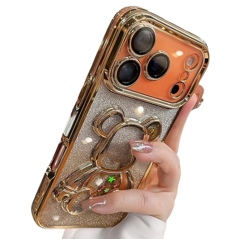 Luxury iPhone Case — Cute Glitter Quicksand Bear Cover with Plating Camera Protector, Shockproof Water-Resistant Acrylic Design & Dustproof Cartoon Style