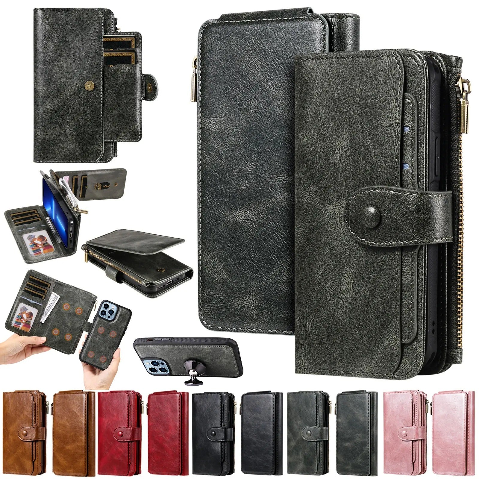 Luxury iPhone Case — Detachable Retro PU Leather Zipper Wallet Cover with Card Slots, Shockproof Anti-Fingerprint Protection & Dustproof Non-Slip Design