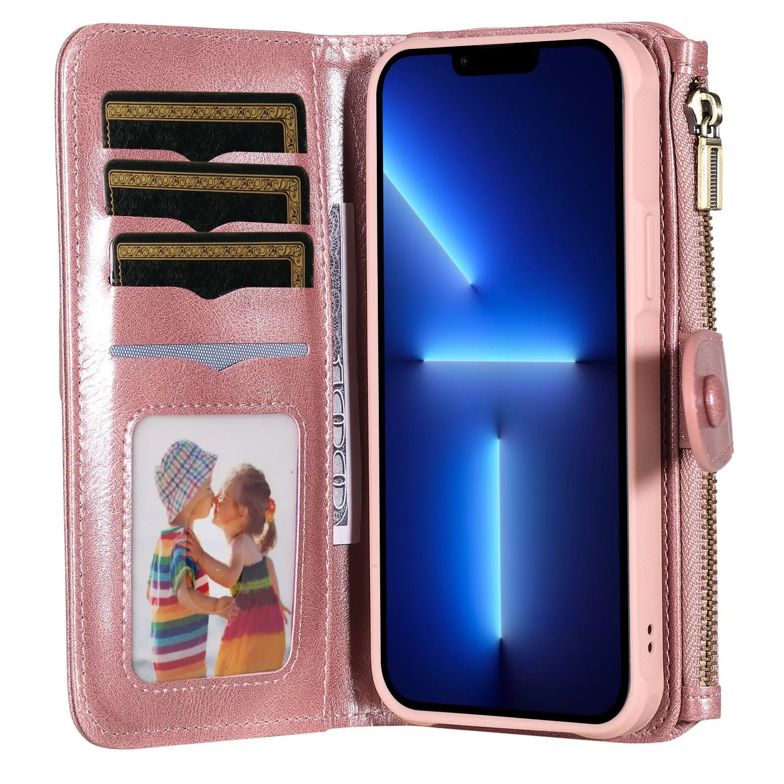 Luxury iPhone Case — Detachable Retro PU Leather Zipper Wallet Cover with Card Slots, Shockproof Anti-Fingerprint Protection & Dustproof Non-Slip Design