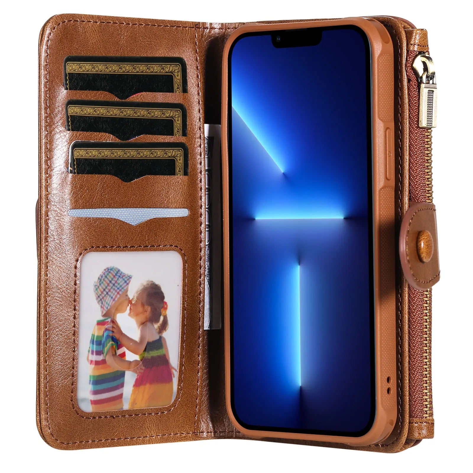 Luxury iPhone Case — Detachable Retro PU Leather Zipper Wallet Cover with Card Slots, Shockproof Anti-Fingerprint Protection & Dustproof Non-Slip Design