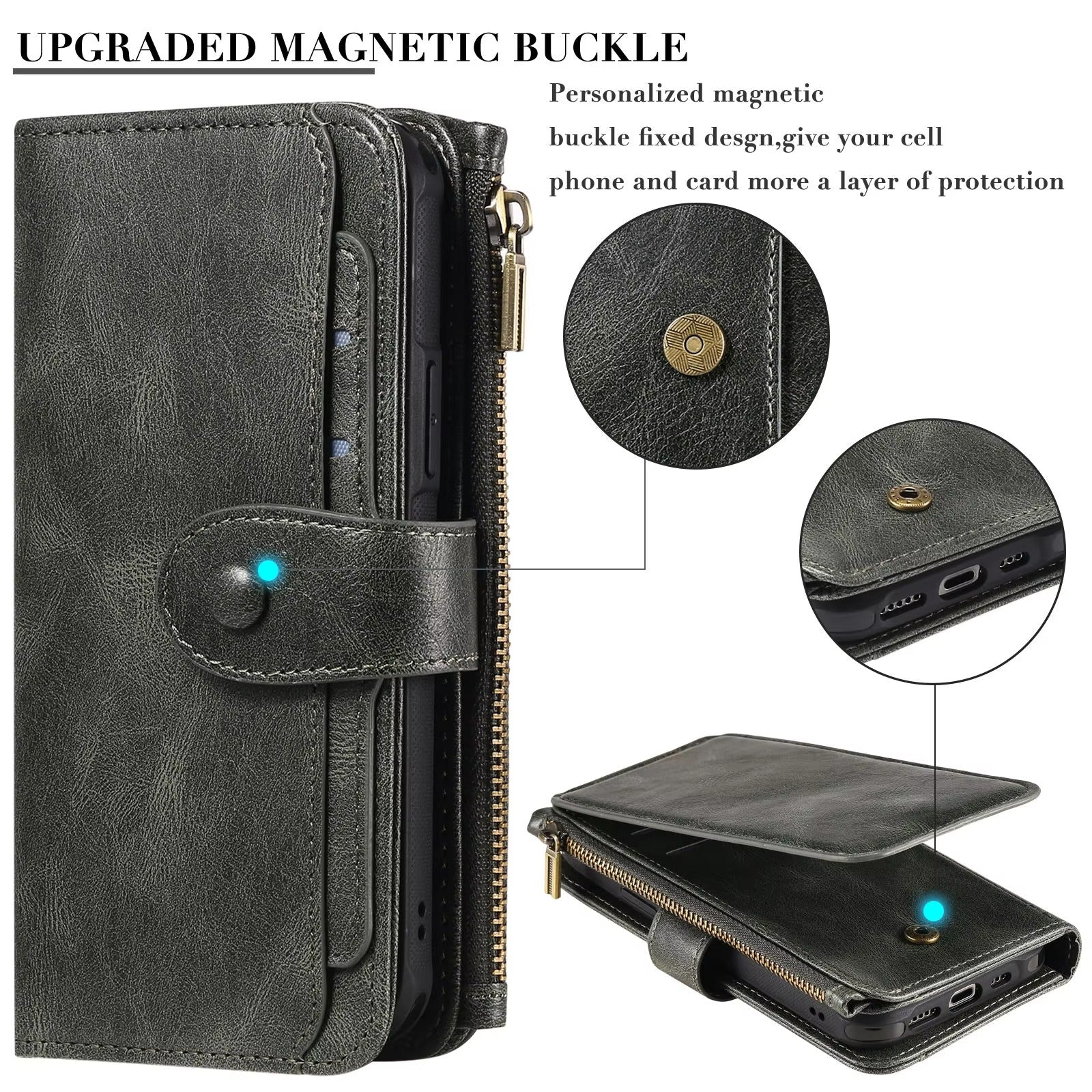 Luxury iPhone Case — Detachable Retro PU Leather Zipper Wallet Cover with Card Slots, Shockproof Anti-Fingerprint Protection & Dustproof Non-Slip Design