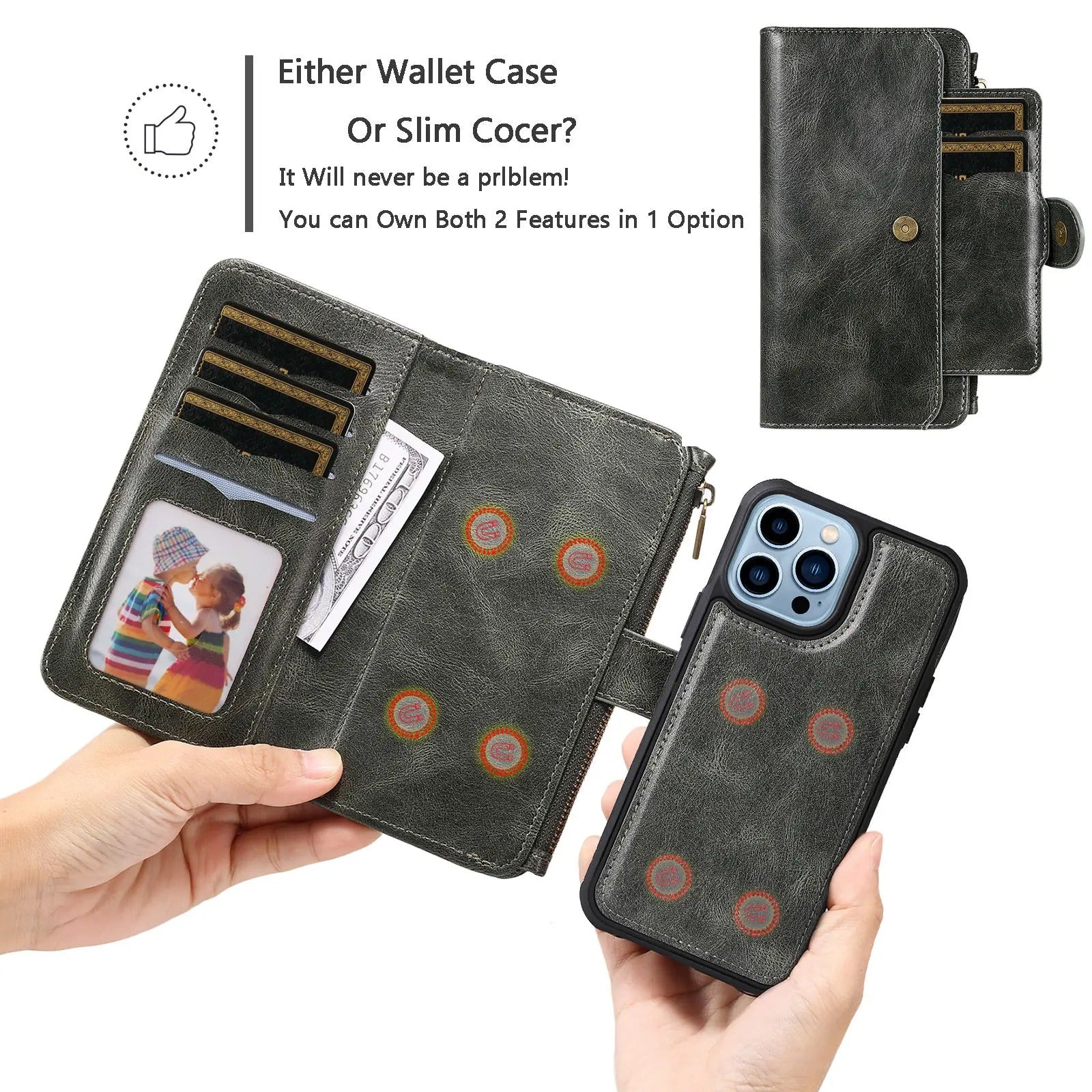 Luxury iPhone Case — Detachable Retro PU Leather Zipper Wallet Cover with Card Slots, Shockproof Anti-Fingerprint Protection & Dustproof Non-Slip Design