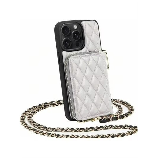 Luxury iPhone Case — Diamond-Stitch Crossbody Card Bag with Chain Strap, Shockproof Leather Design and Non-Slip Portable Protection