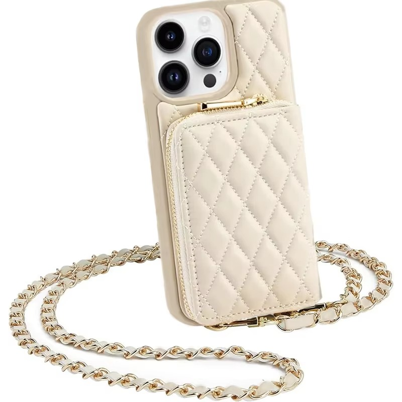 Luxury iPhone Case — Diamond-Stitch Crossbody Card Bag with Chain Strap, Shockproof Leather Design and Non-Slip Portable Protection