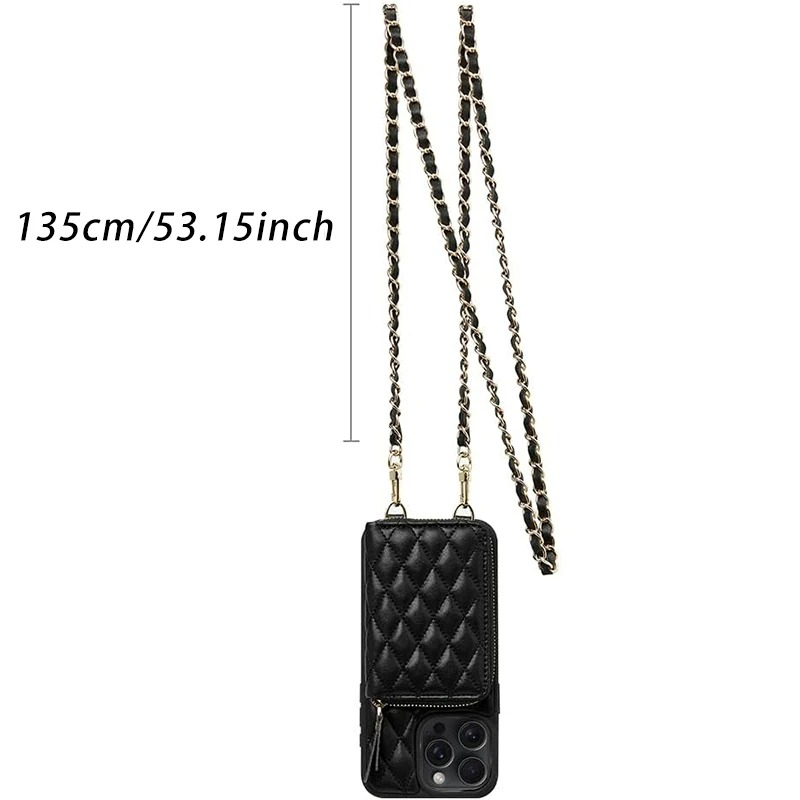 Luxury iPhone Case — Diamond-Stitch Crossbody Card Bag with Chain Strap, Shockproof Leather Design and Non-Slip Portable Protection