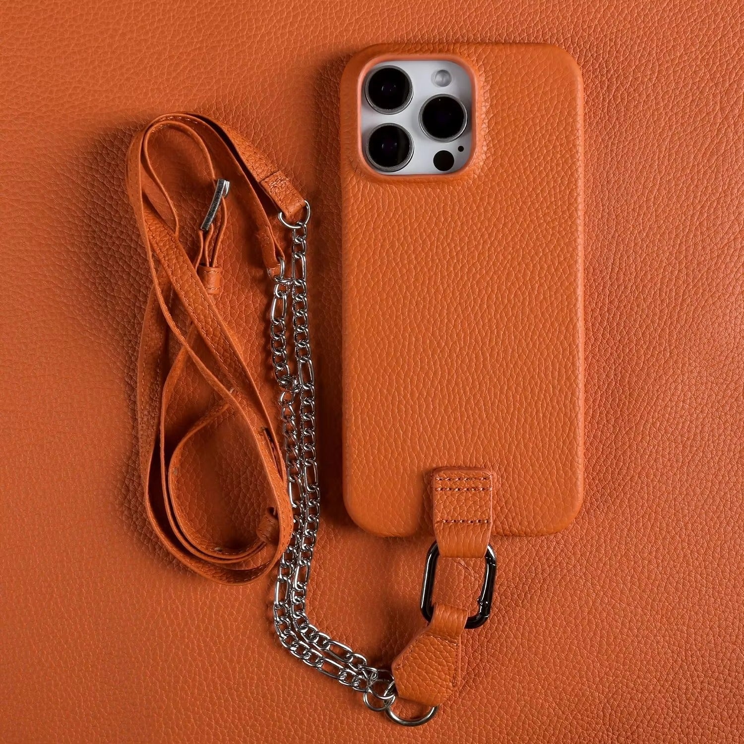 Luxury iPhone Case — Genuine Leather Crossbody Cover with Metal Strap Sling, Shockproof Protective Design and Premium Anti-Slip Finish