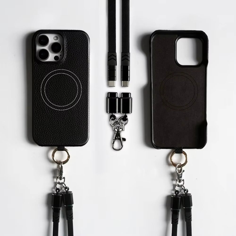 Luxury iPhone Case — Genuine Leather MagSafe Cover with Lanyard USB Charging Strap, Full-Protection Design and Premium Anti-Fingerprint Finish