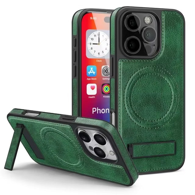 Luxury iPhone Case — Genuine Leather MagSafe Cover with Magnetic Holder Stand, Full-Coverage Shockproof Protection, Anti-Fingerprint Dustproof Non-Slip Design