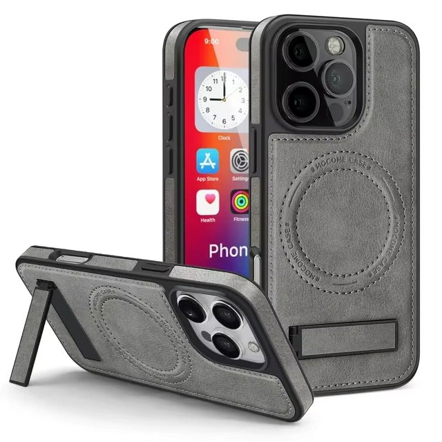 Luxury iPhone Case — Genuine Leather MagSafe Cover with Magnetic Holder Stand, Full-Coverage Shockproof Protection, Anti-Fingerprint Dustproof Non-Slip Design