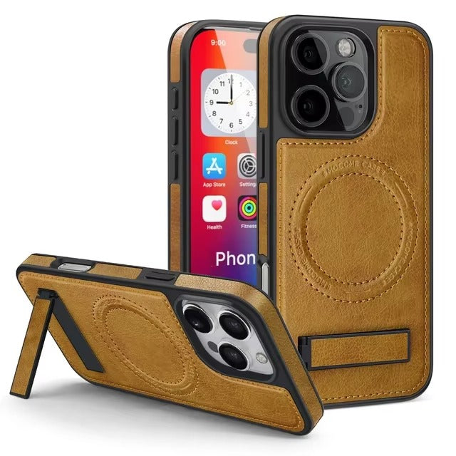 Luxury iPhone Case — Genuine Leather MagSafe Cover with Magnetic Holder Stand, Full-Coverage Shockproof Protection, Anti-Fingerprint Dustproof Non-Slip Design