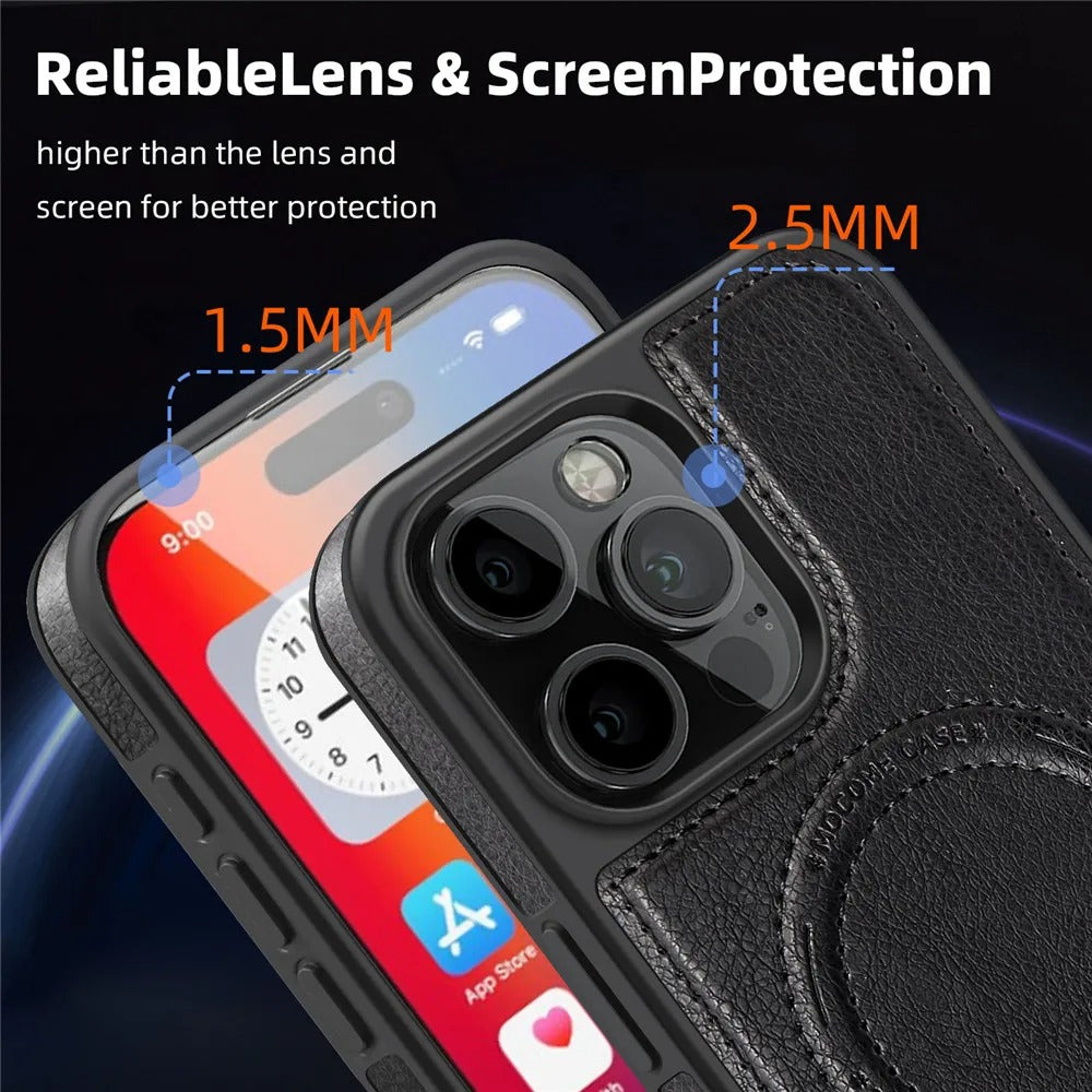 Luxury iPhone Case — Genuine Leather MagSafe Cover with Magnetic Holder Stand, Full-Coverage Shockproof Protection, Anti-Fingerprint Dustproof Non-Slip Design