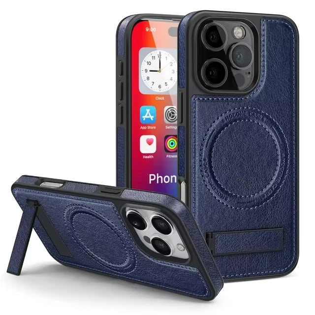 Luxury iPhone Case — Genuine Leather MagSafe Cover with Magnetic Holder Stand, Full-Coverage Shockproof Protection, Anti-Fingerprint Dustproof Non-Slip Design