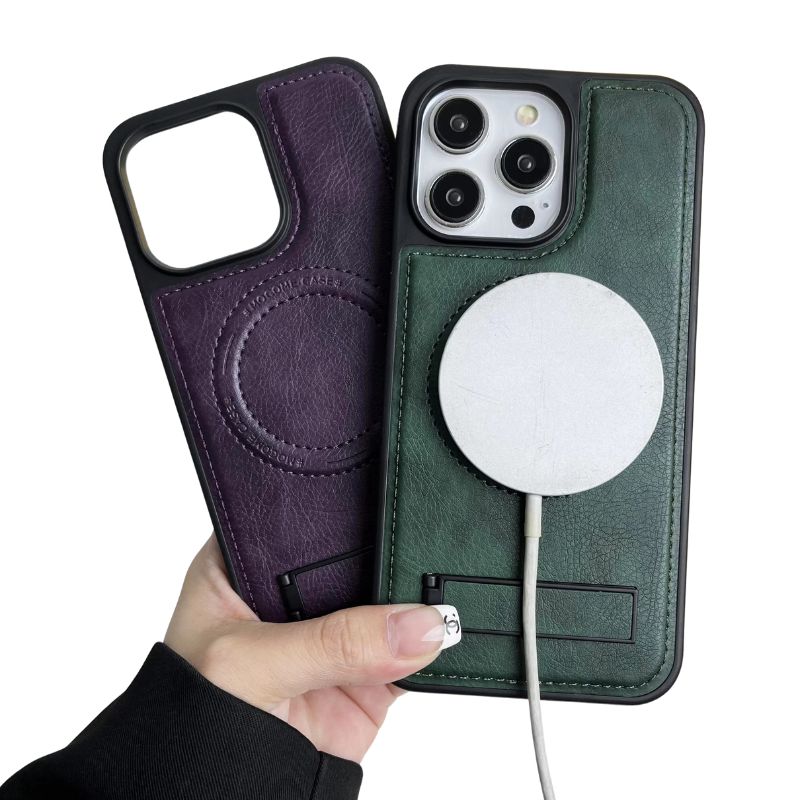 Luxury iPhone Case — Genuine Leather MagSafe Cover with Magnetic Holder Stand, Full-Coverage Shockproof Protection, Anti-Fingerprint Dustproof Non-Slip Design