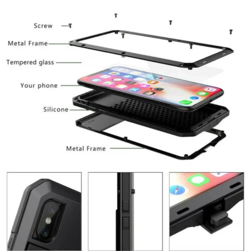Luxury iPhone Case — Heavy Armor Aluminum Alloy Rugged Half-Wrapped Protective Cover with Shockproof Design & Gorilla Screen Protection