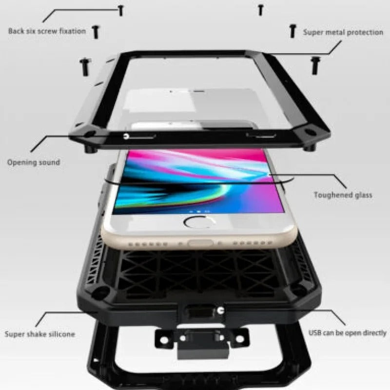 Luxury iPhone Case — Heavy Armor Aluminum Alloy Rugged Half-Wrapped Protective Cover with Shockproof Design & Gorilla Screen Protection