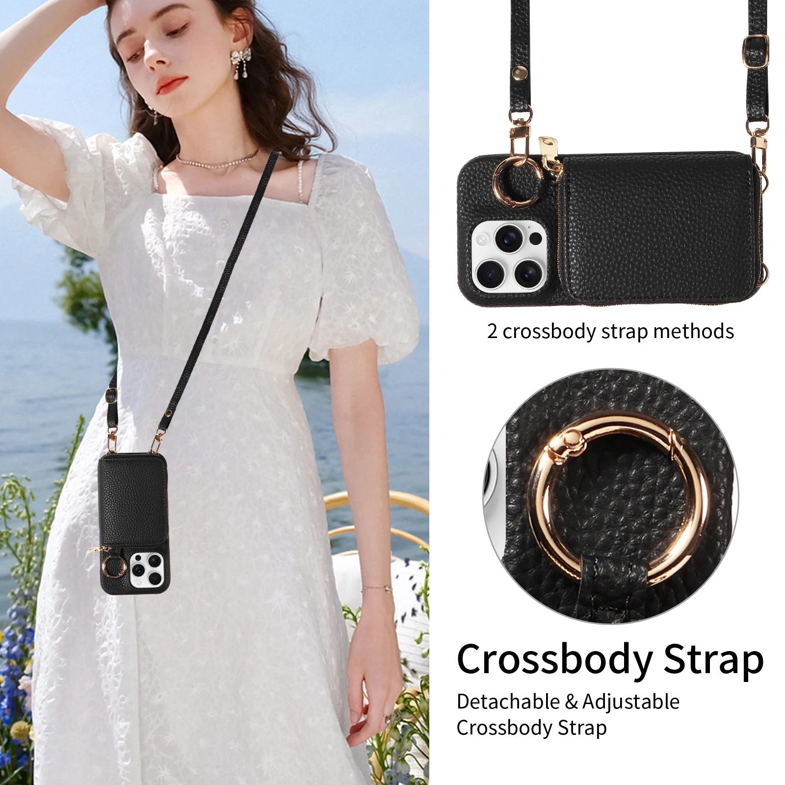 Luxury iPhone Case — High-Quality Faux Leather Crossbody Wallet with Card Slots, Ring Holder, Shockproof Anti-Scratch Full-Protection Design