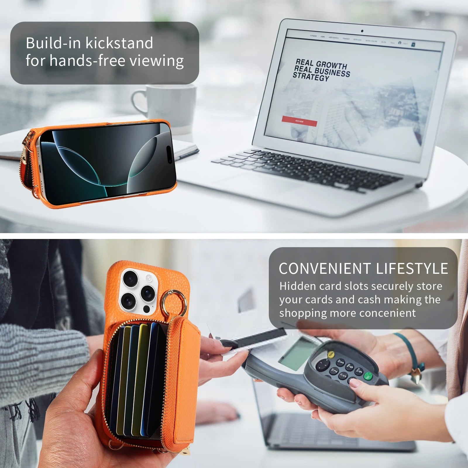 Luxury iPhone Case — High-Quality Faux Leather Crossbody Wallet with Card Slots, Ring Holder, Shockproof Anti-Scratch Full-Protection Design